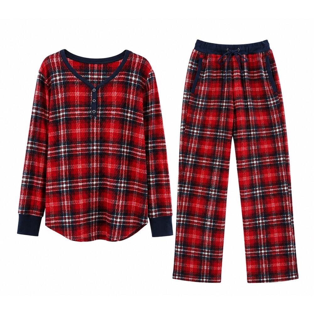 Nautica Women Medium Blue Red Plaid Pajama Set Henley Top Pants Sleep Lounge